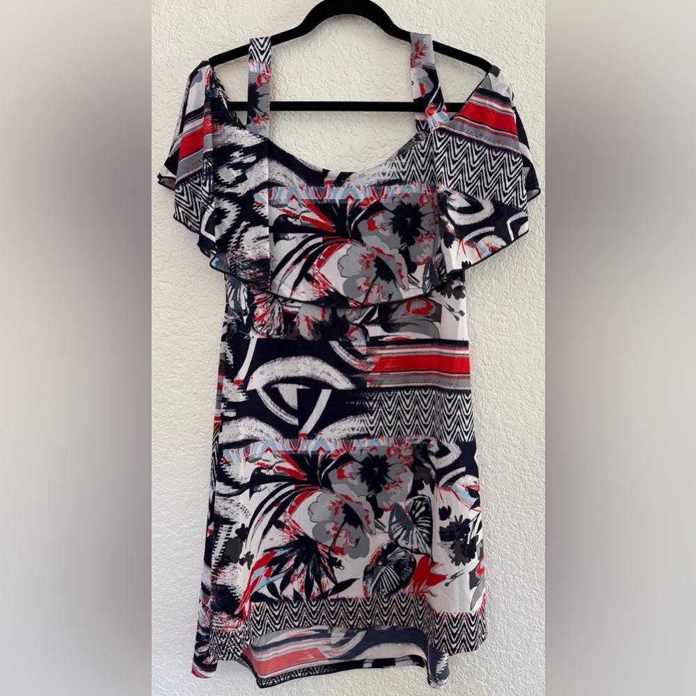 Michael Tyler Collections Red, White, and Blue Print Sleeveless Print Dress M